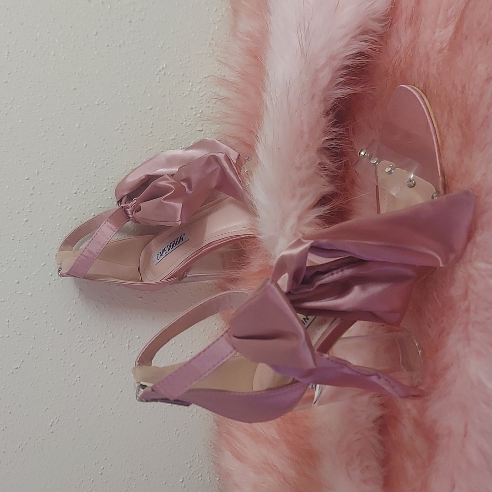Brand New Mauve Pink Satin Rhinestone Ankle Strap Clear Heels